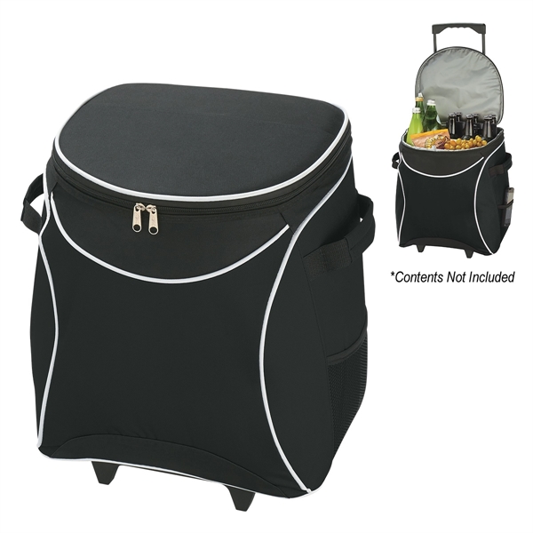 Polyester rolling cooler with large zippered main compartment, retractable auto lock... from ASI 61125 Hit Promotional Products / Hit®