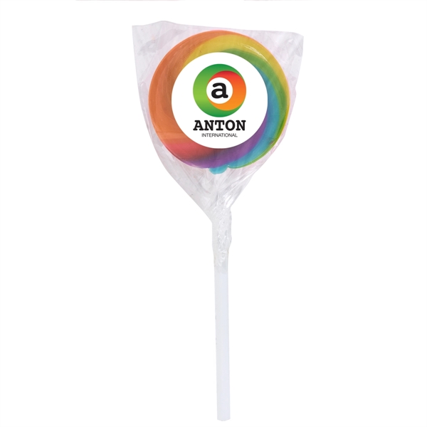 Swirl lollipop with round custom label; assorted flavors.... from ASI 61125 Hit Promotional Products / Hit®
