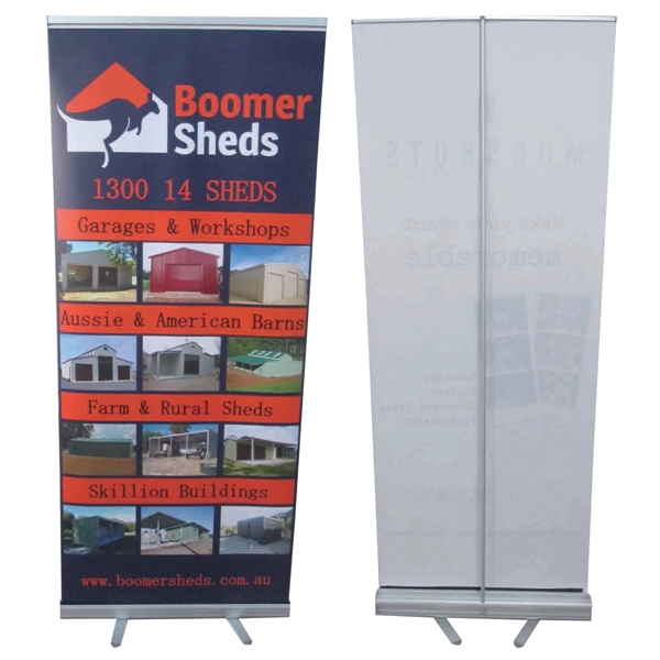 78.75" x 31.5" silver-coated satin retractable banner with hardware and carrying... from ASI 61125 Hit Promotional Products / Hit®