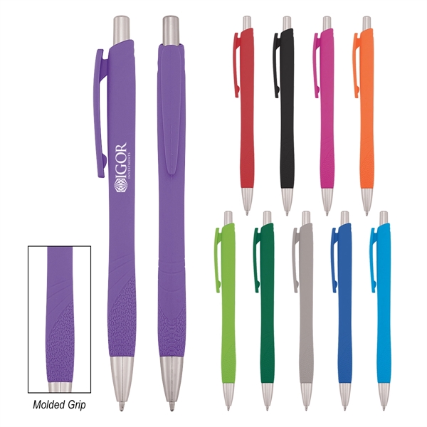 Plunger-action pen measuring 5 1/2" with a smooth rubber finish and... from ASI 61125 Hit Promotional Products / Hit®