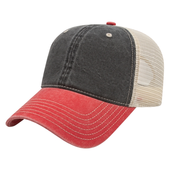Unstructured washed pigment dyed cotton twill cap with mesh back and... from ASI 43792 Cap America Inc