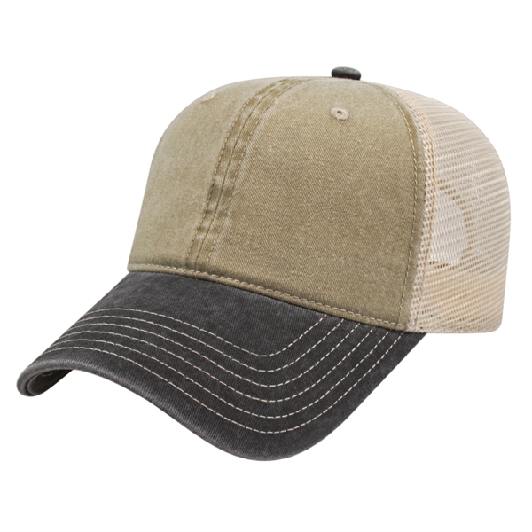 Unstructured washed pigment dyed cotton twill cap with mesh back and... from ASI 43792 Cap America Inc