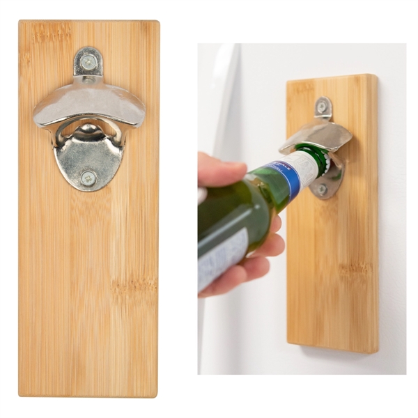 8.25" x 3" bamboo wood wall-mounted bottle opener with magnets and... from ASI 61125 Hit Promotional Products / Hit®