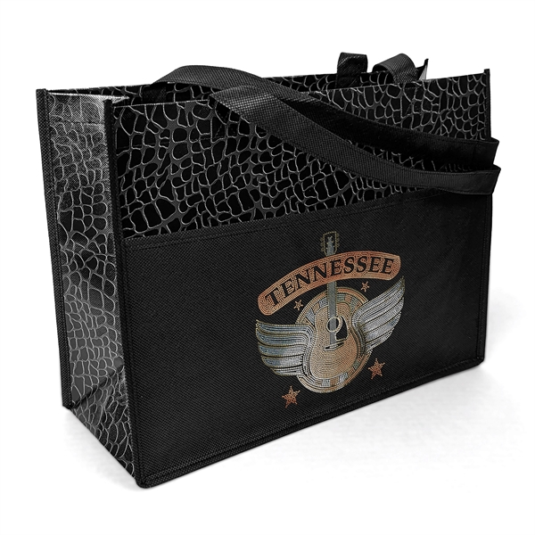 Gloss Laminated Non-Woven Polypropylene Tote with tone-on-tone reptile design.... from ASI 37940 Bag Makers Inc