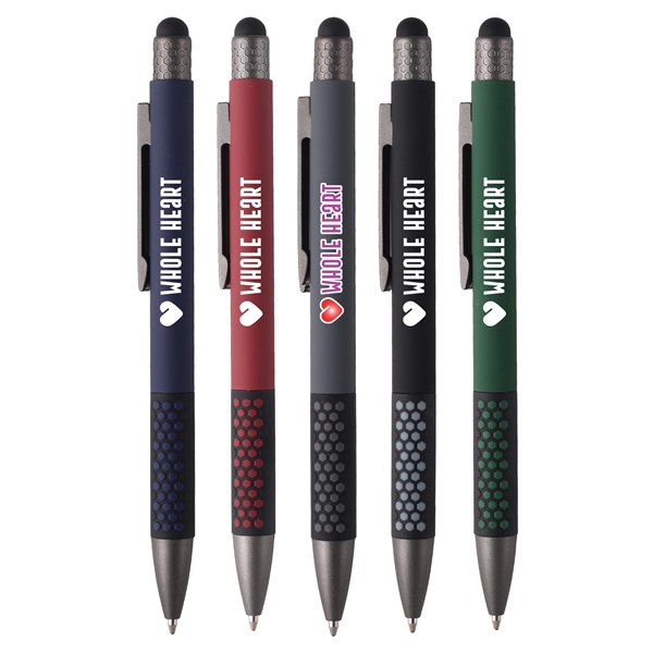 Stylus pen has honeycomb pattern raised grip, an etched plunger with... from ASI 61966 HPG / Hub Pen