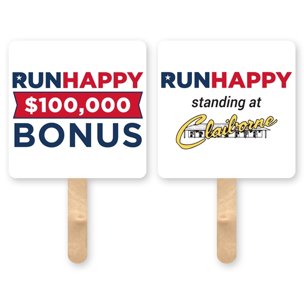 Square mini hand fan with basswood handle attached with adhesive, sandwich... from ASI 93520 Ventura Inc