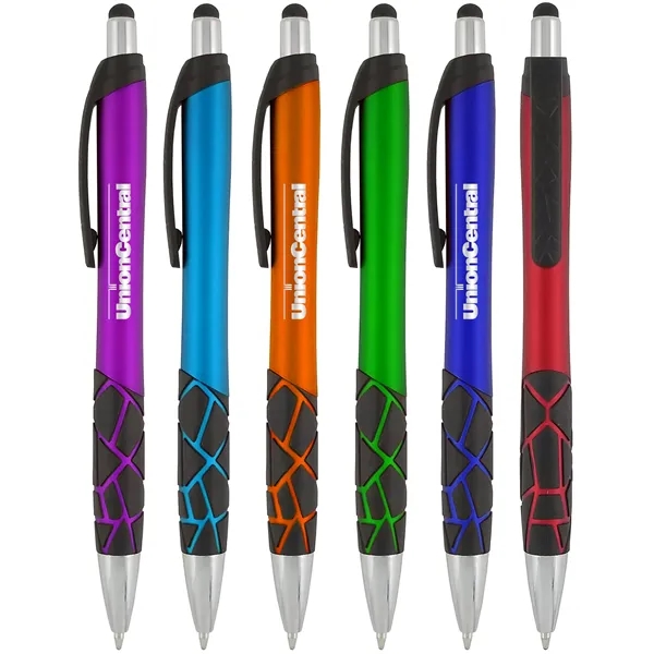 Click-action pen with metallic colored barrel, mosaic patterned black rubber grip,... from ASI 52387 Empire USA / Pens Line USA