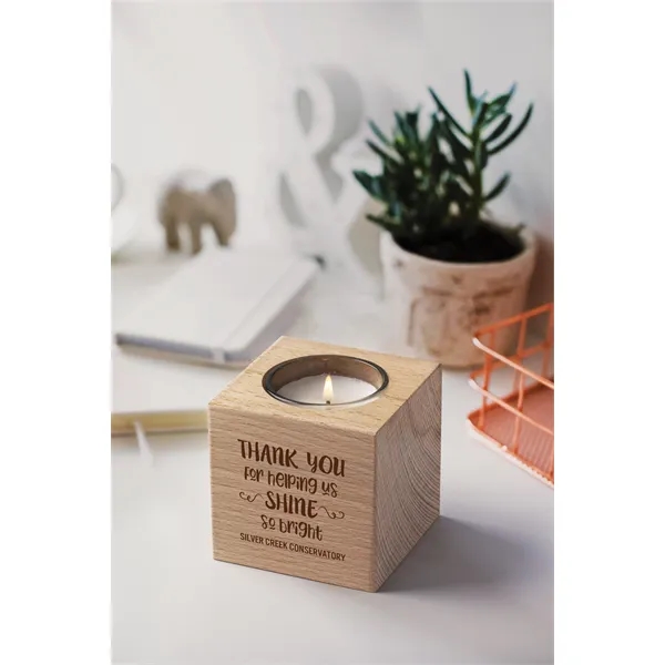 Beechwood cube candle holder, customizable and with a 2 oz soy... from ASI 62190 Illini