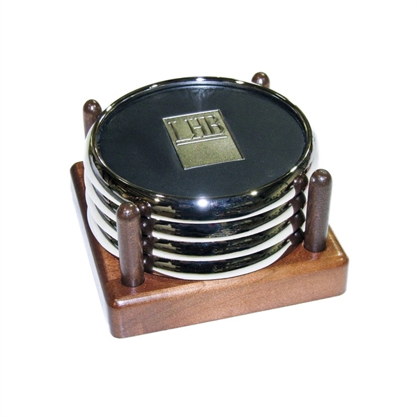 Set of 4 metal and leather coasters with center die cast... from ASI 88156 Solid Dimensions Inc / Solid Dimensions Line