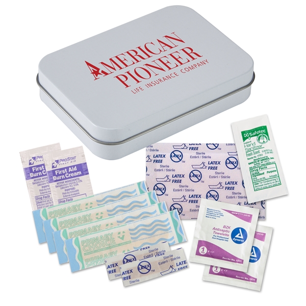 First Aid Kit in large Tin. Contains bandages, creams, sanitizers, towlettes,... from ASI 52840 Evans Manufacturing