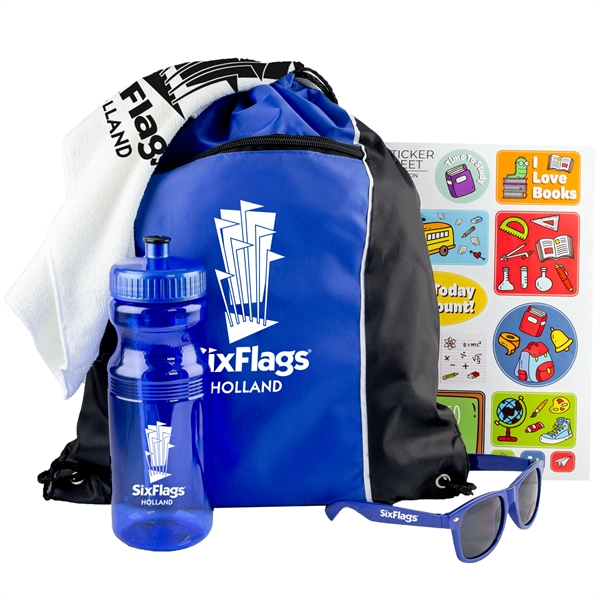 Fun kit with a drawstring backpack, rally towel, sunglasses, 24-ounce water... from ASI 57653 Gold Bond