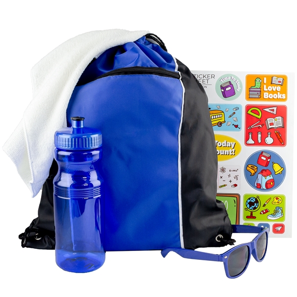 Fun kit with a drawstring backpack, rally towel, sunglasses, 24-ounce water... from ASI 57653 Gold Bond