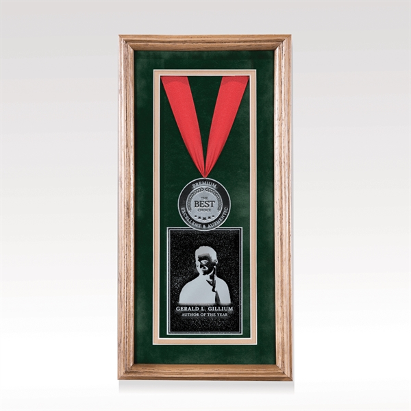 Award plaque with an oak frame, medallion with ribbon and etched... from ASI 93986 Visions/Awardcraft / Visions Awards