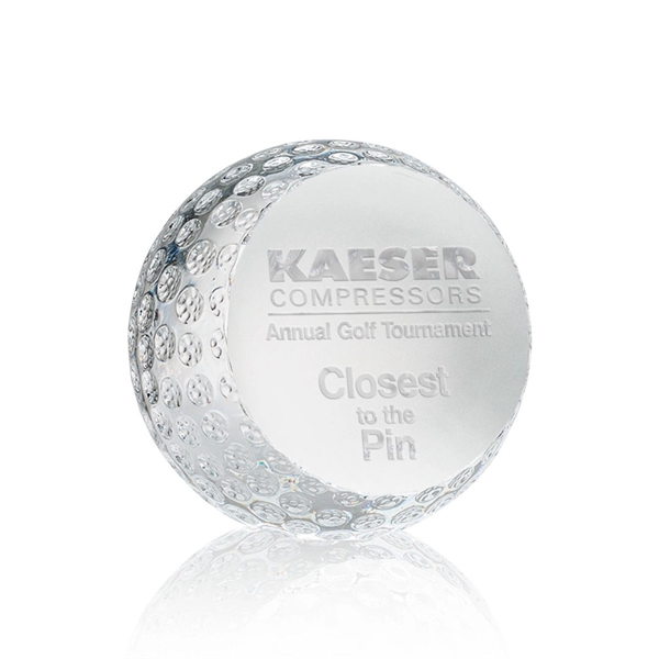 Optically clear golf ball paperweight with golf ball divots for authenticity.... from ASI 84592 St Regis Group