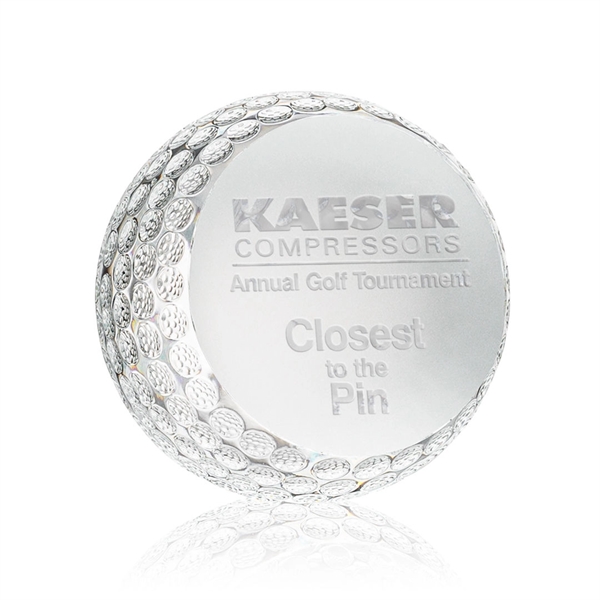 Optically clear golf ball paperweight with golf ball divots for authenticity.... from ASI 84592 St Regis Group