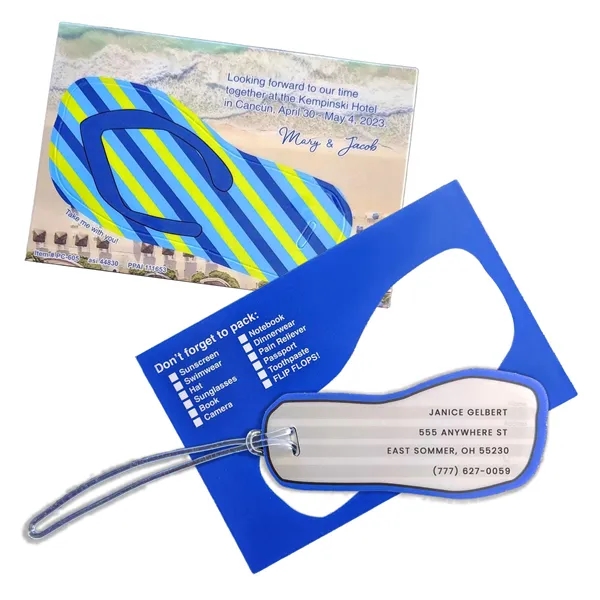 Laminated postcard with flip flop shaped luggage tag with custom imprint... from ASI 44830 The Chest