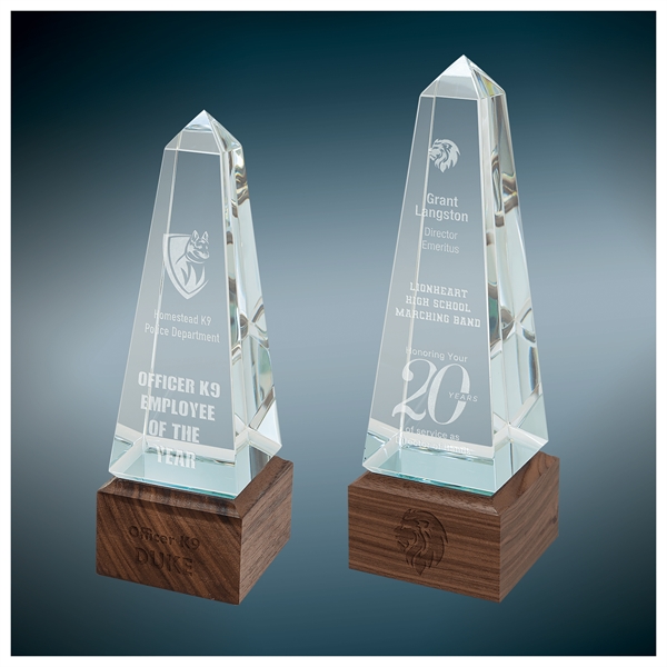 Obelisk Sierra Glass Award with Walnut Wood Base... from ASI 72657 Active Life Promo / Apres Ski Street Marketing Ingrain