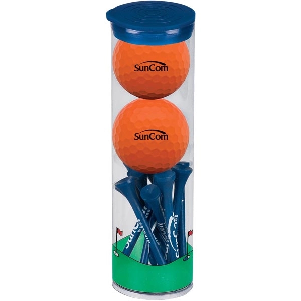 Golf tube with 2 golf balls and 12 wooden tees.... from ASI 57653 Gold Bond