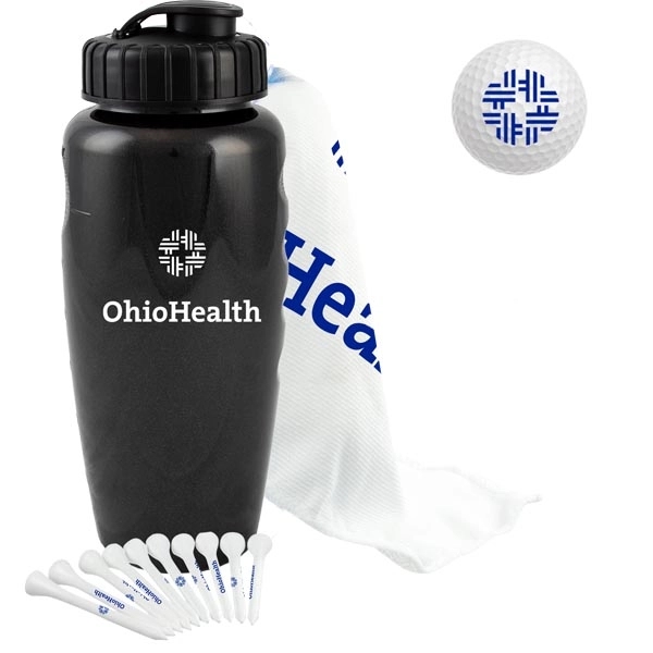 Golf outing kit with a 28-ounce bottle, golf towel, 10 tees,... from ASI 57653 Gold Bond