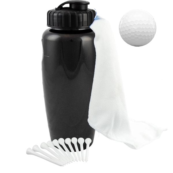 Golf outing kit with a 28-ounce bottle, golf towel, 10 tees,... from ASI 57653 Gold Bond