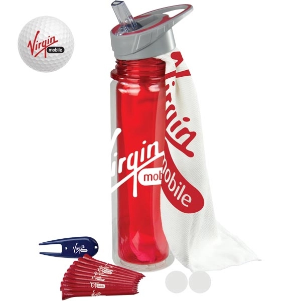 Golf kit with a 20-ounce bottle, golf towel, 10 tees, 2... from ASI 57653 Gold Bond