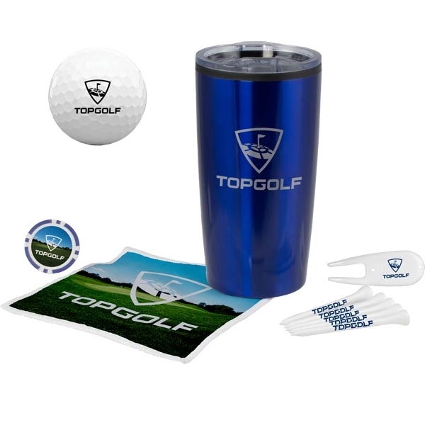 Golf kit with a 16-ounce tumbler, ball marker, divot tool, 5... from ASI 57653 Gold Bond