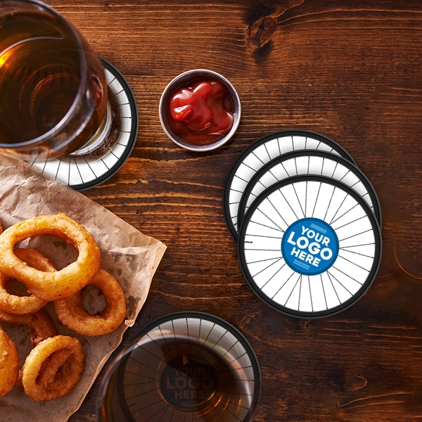 Cycling-themed custom 4" round drink coaster. Full-color printing with free 2nd... from ASI 43530 California Tattoos