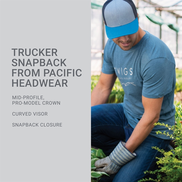 Trucker Snapback Cap with a poly/cotton blend and pro-stitched finish.... from ASI 37461 Augusta Sportswear / Pacific Headwear