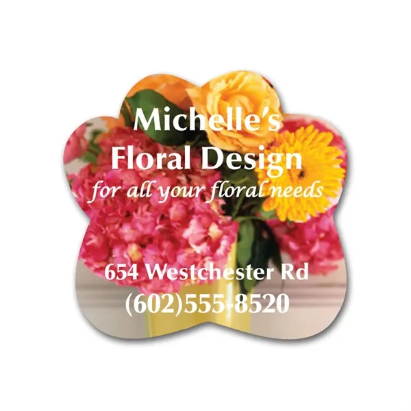 Flower shaped vinyl label with a permanent adhesive backside.... from ASI 59080 Halls & Company