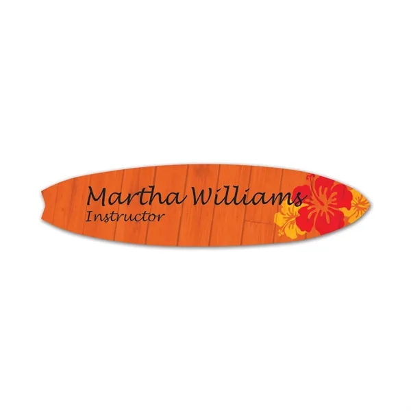 Surfboard shaped name badge with a pin fastener.... from ASI 59080 Halls & Company