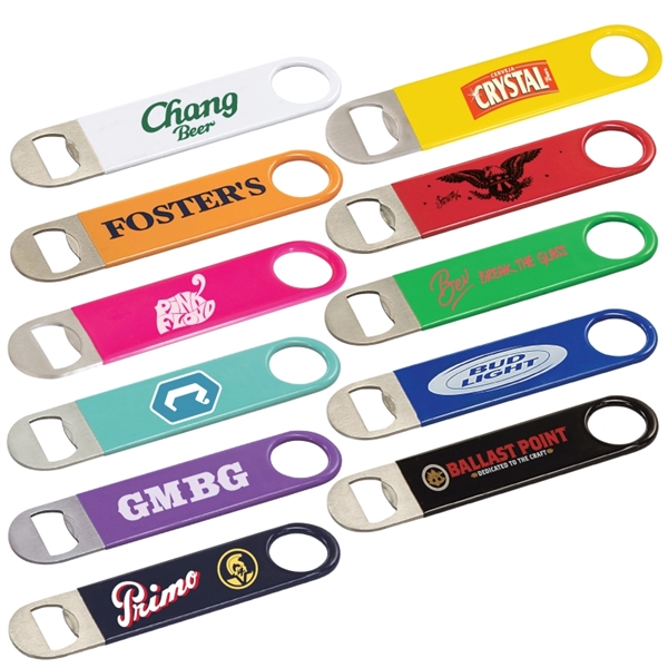 Paddle style bottle opener made of stainless steel, wrapped in colored... from ASI 57655 STOPNGO Line