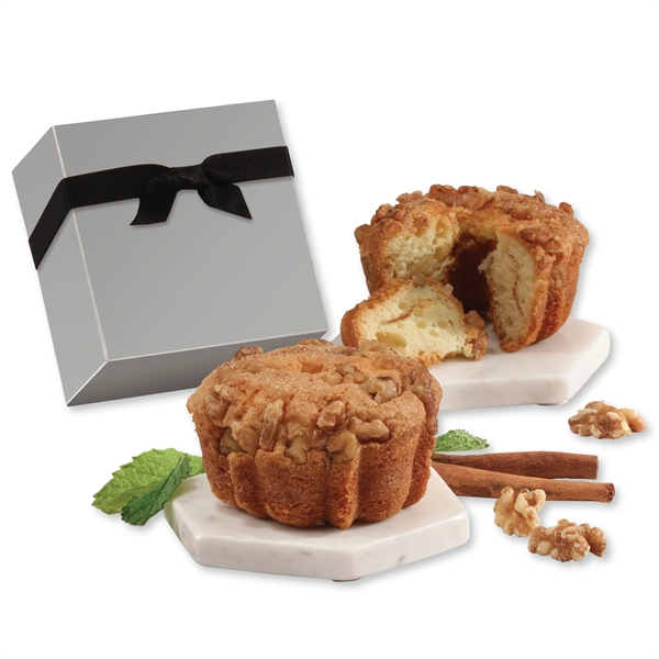 single-serve cinnamon walnut coffee cake in a silver gift box... from ASI 68680 Maple Ridge Farms Inc