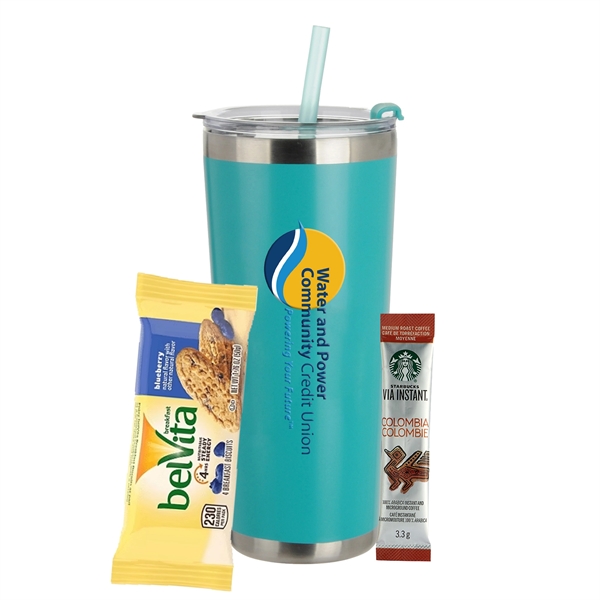 20oz. Stainless Steel Tumbler w/ Straw; set includes a Starbucks Via... from ASI 71685 Midnite Snax®