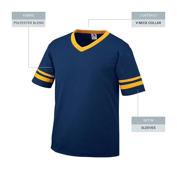 Adult jersey with contrast color sleeve stripes and rib-knit V-neck collar.... from ASI 37461 Augusta Sportswear / Augusta Sportswear, Inc. d/b/a Momentec Brands