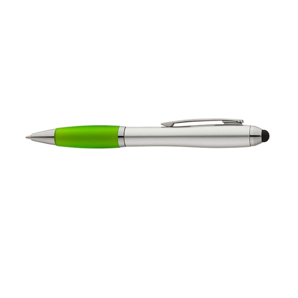 Twist action ballpoint pen with hourglass shaped barrel, colored rubber grip,... from ASI 67866 Logomark/Valumark / Valumark™