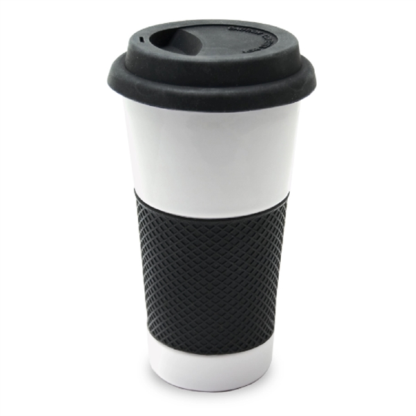 16 Oz. white ceramic tumbler with black silicone lid and rubber... from ASI 74245 Nordic Co Inc / Nordic Nordic Promos