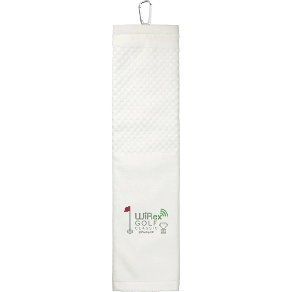 5.25" x 22" tri-fold golf towel with grommet and carabiner.... from ASI 66887 PCNA / Leeds