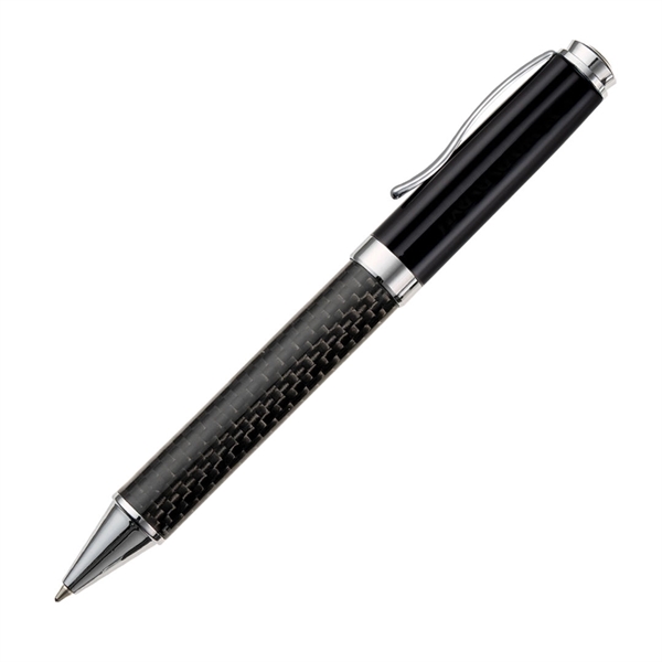 Metal twist-action ballpoint pen with chrome trim and carbon fiber barrel.... from ASI 84592 St Regis Group