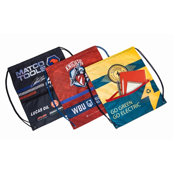 Full color drawstring bag made of recycled polyester with zipper pocket.... from ASI 45657 Pop! Promos