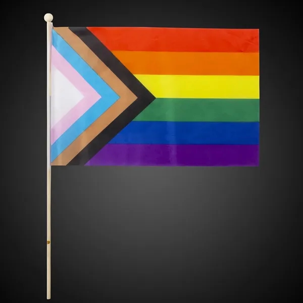 12" x 18" plastic rainbow flag with 23" wooden stick.... from ASI 42016 Brighter Promotions Inc