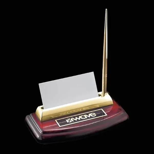 Rosewood and chrome desk pen stand with a business card holder.... from ASI 84592 St Regis Group