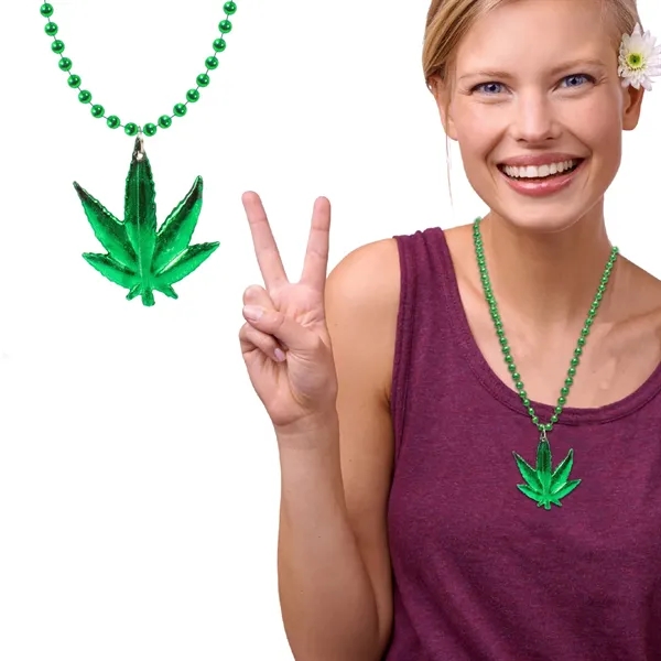 33" plastic green 7mm bead necklace with marijuana leaf charm.... from ASI 42016 Brighter Promotions Inc