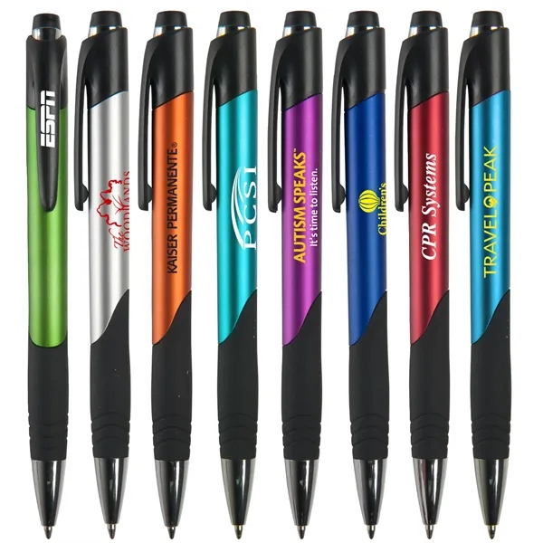 Ballpoint pen with metallic colored barrel, chrome and black ferrule and... from ASI 52840 Evans Manufacturing