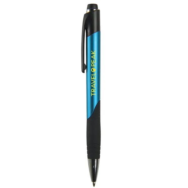 Ballpoint pen with metallic colored barrel, chrome and black ferrule and... from ASI 52840 Evans Manufacturing