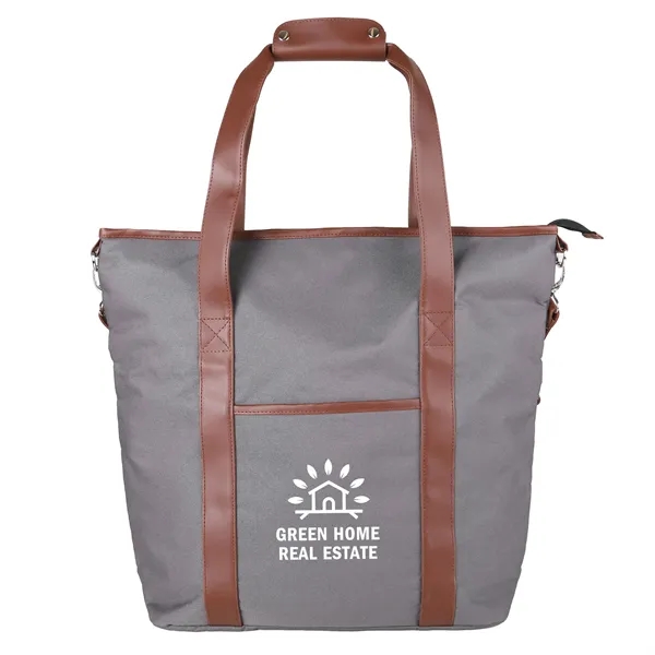 A soft cooler bag made with grey 600D polyester & brown... from ASI 61966 HPG / Beacon Promotions
