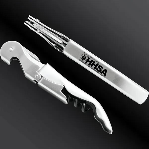 Portable, three-function bottle opener that includes  a wine corkscrew, bottle... from ASI 39820 Opusline (Benmex) / Opus Line
