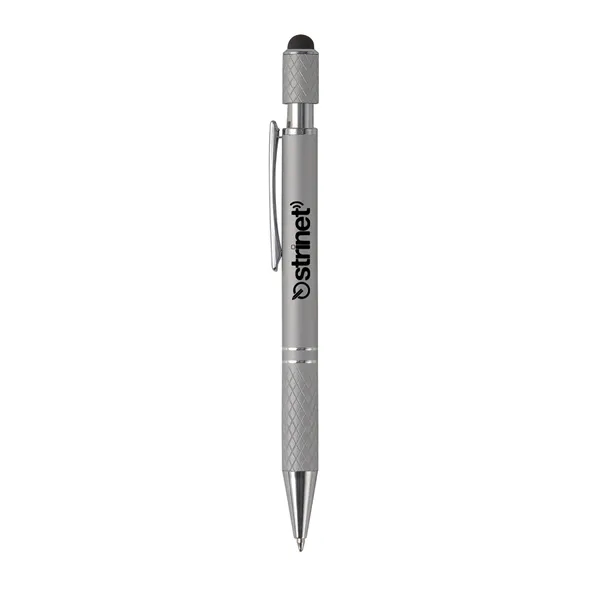 Plunger-action ballpoint pen with stylus, spinning top, chrome ferrule and pocket... from ASI 52840 Evans Manufacturing