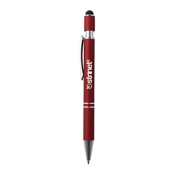 Plunger-action ballpoint pen with stylus, spinning top, chrome ferrule and pocket... from ASI 52840 Evans Manufacturing