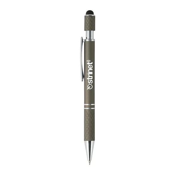 Plunger-action ballpoint pen with stylus, spinning top, chrome ferrule and pocket... from ASI 52840 Evans Manufacturing