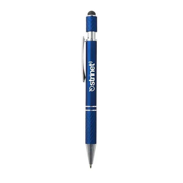 Plunger-action ballpoint pen with stylus, spinning top, chrome ferrule and pocket... from ASI 52840 Evans Manufacturing